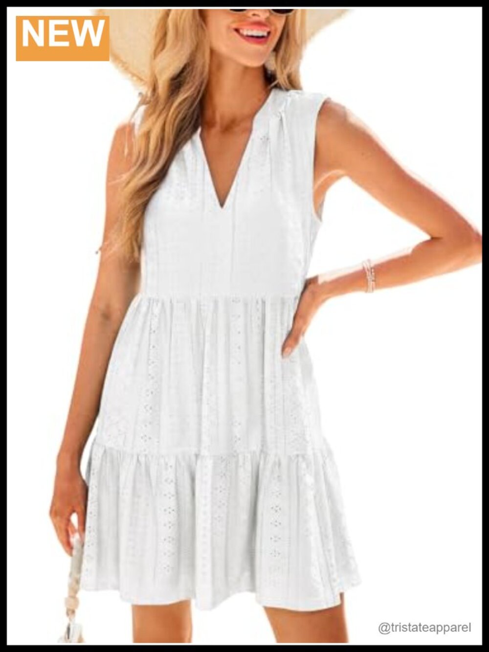 CUPSHE Eyelet Sleeveless V-Neck Tiered Ruffle Hem Mini Dress